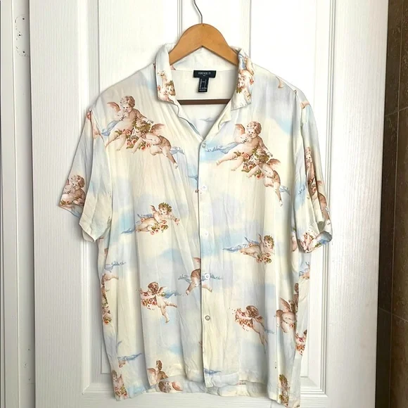 Forever 21 Shirts Forever Mens Cream Angel Print Shirt - Main Image